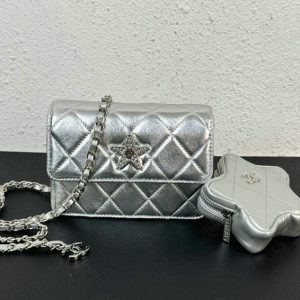 Chic silver lambskin purse showcasing the Chanel Replica Star Coin Purse Flap Bag Y25Y25.