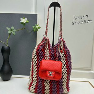 High Quality Red Chanel Replica Crochet Mixed Fibers Shopping Tote BB841