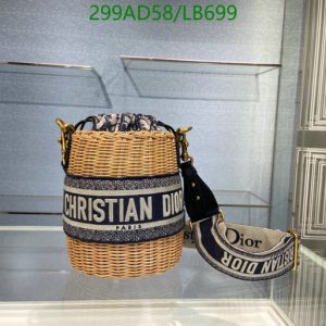 Christian Dior Wicker Bucket Bag Replica Mirror LB699 in Wicker with Blue Oblique Print Interior