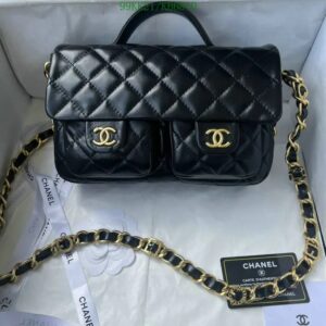 Chanel Knockoff Double Pocket Messenger Bag in classic black leather