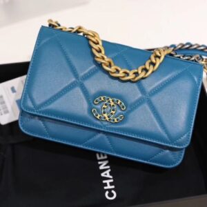 Chanel 19 WOC Flap Bag Blue Goatskin Leather H7J8K9 - FRONT VIEW